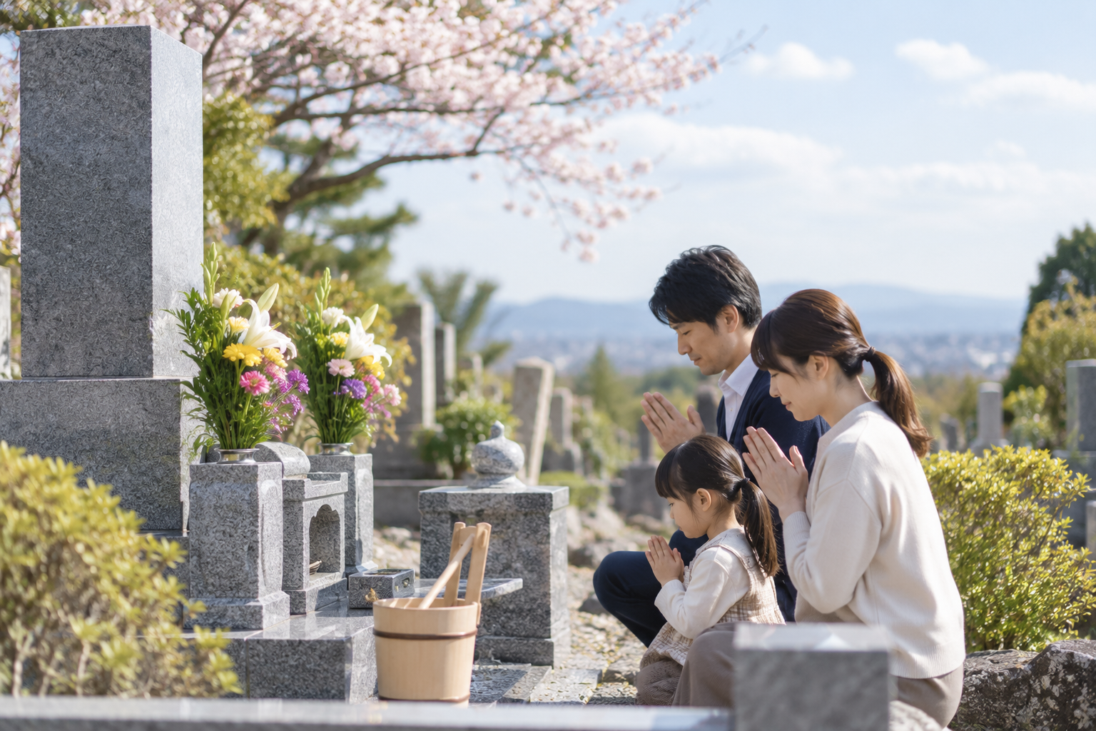 お彼岸のお墓参りと供花のイメージ
