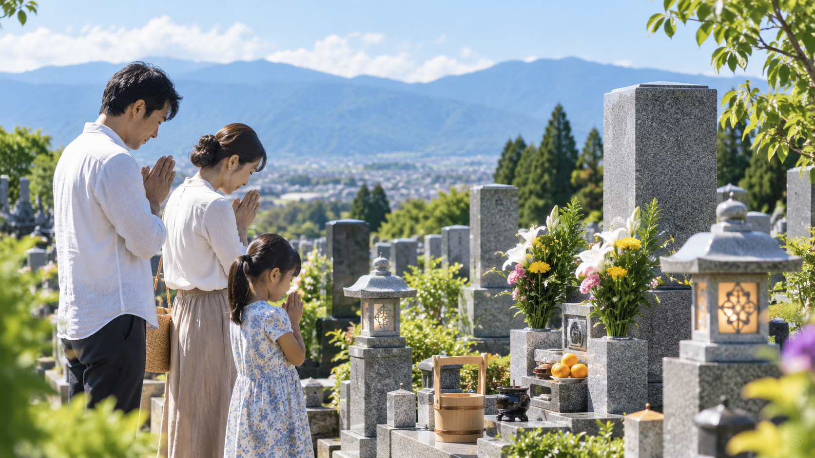 お盆のお墓参りをイメージした夏の墓地風景