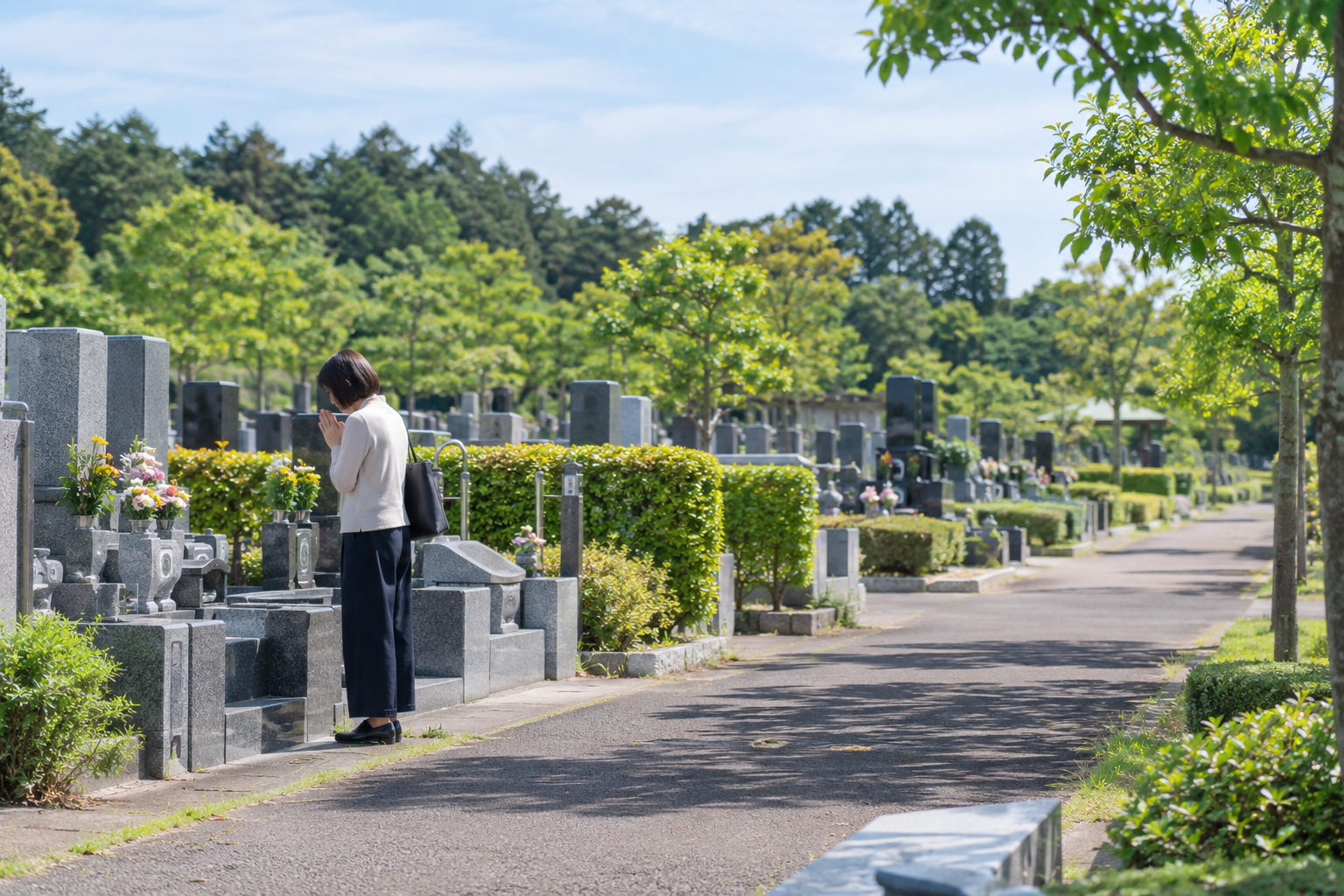 松戸市営白井聖地公園をイメージしたお墓参りの風景